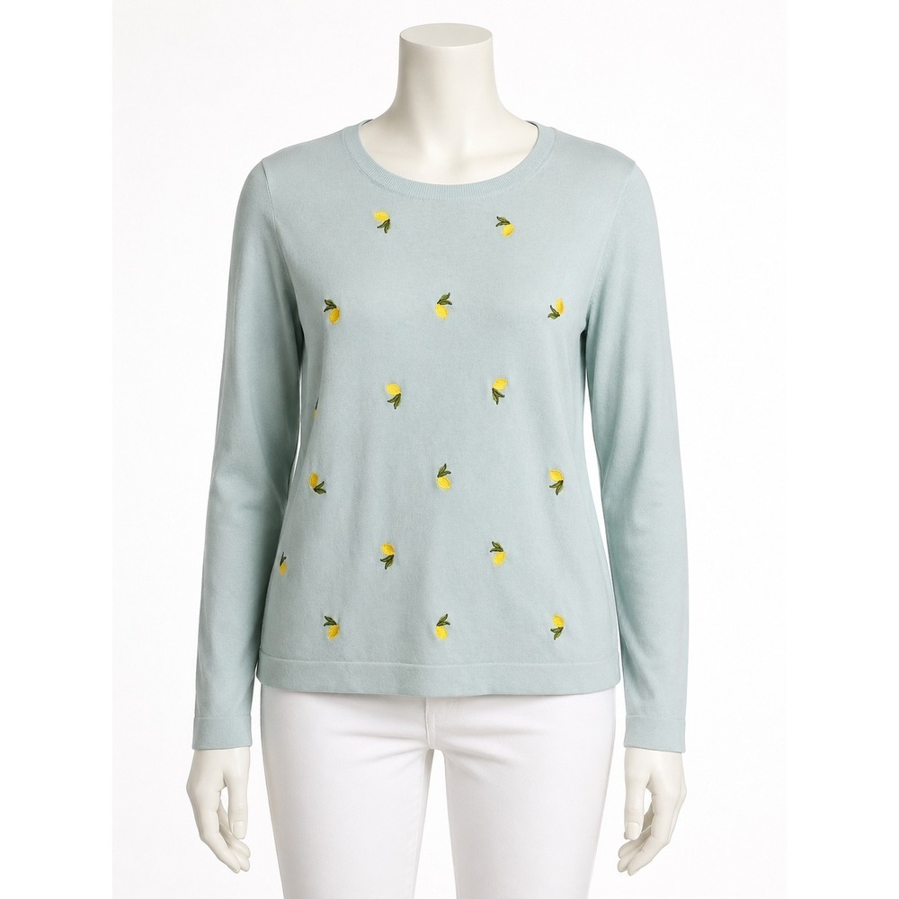 J.Crew Teddie Sweater‎ Aqua Blue Embroidered Lemon Fruit Pullover XL